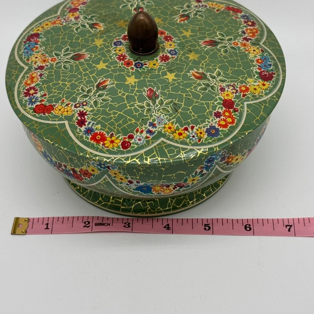 Vintage Daher England Green Crackle Floral Pedestal Candy Tin Acorn Knob Lid